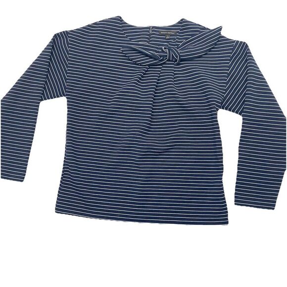 Banana Republic Bow Neck Top Navy Blue White Striped Zipper Back Women's Large - Picture 1 of 11